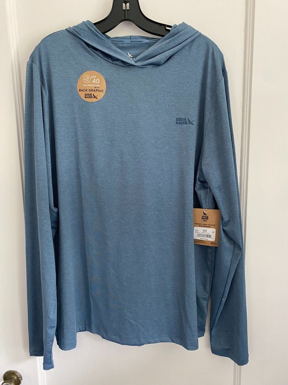 NWT Eddie Bauer Swim Men Large Chambray Blue Hooded Rash Guard Swim Shirt UPF 40